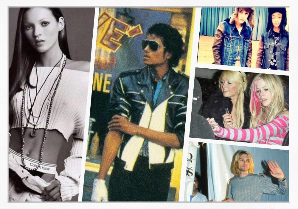 Fashion across the decades 80s to 2010s featuring Kate Moss, Michael Jackson, Justin Bieber, Jaden Smith, Paris Hilton, Avril Lavigne, Kurt Cobain