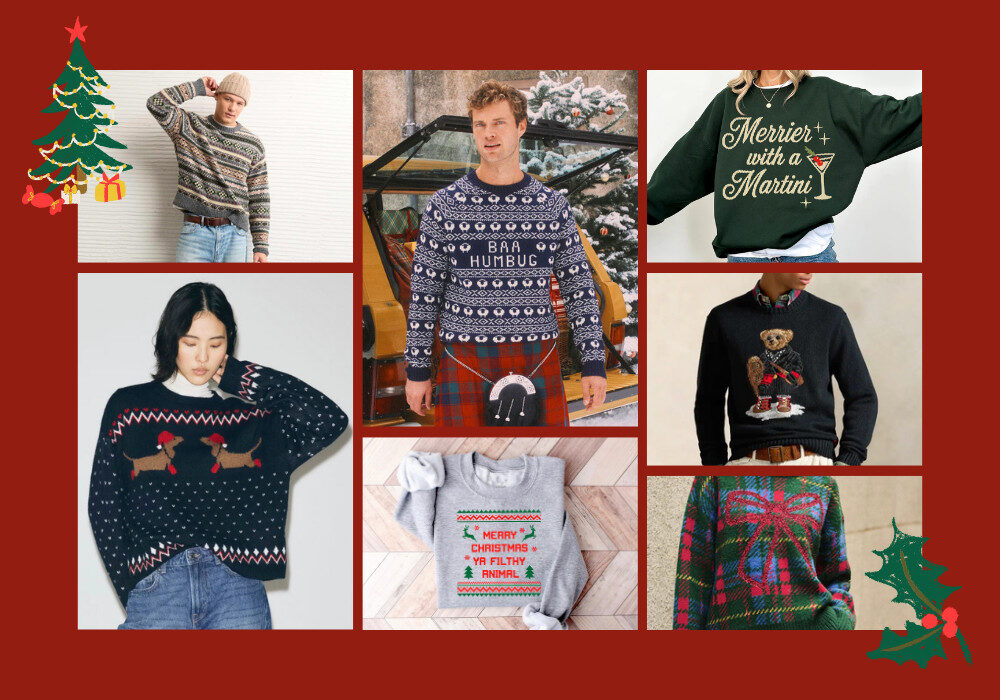 collage of christmas jumpers and sweaters