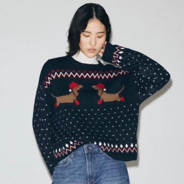 woman wearing a dachshund christmas jumper from h&m