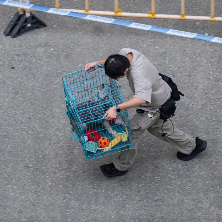 evacuee of wang fuk court carrying his pet dog in a cage