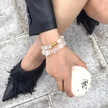 GOODVIBESSS AMP UP YOUR VIBE BRACELET Brazilian Clear Quartz nuggets on 18k Gold Plated slider clasp with mantra