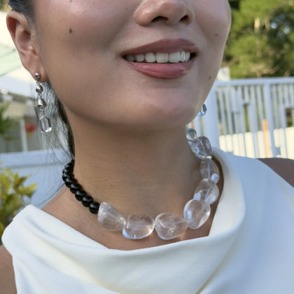 You Are Shielded Necklace (Brazilian Polished varied oval shaped Milky Quartz & Black Agate)