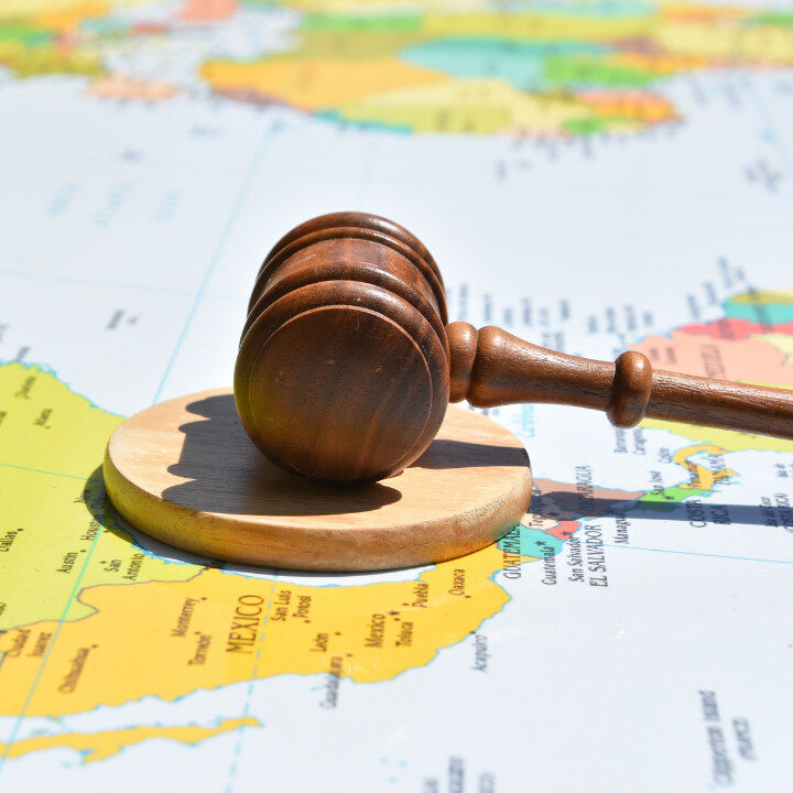 gavel on a world map